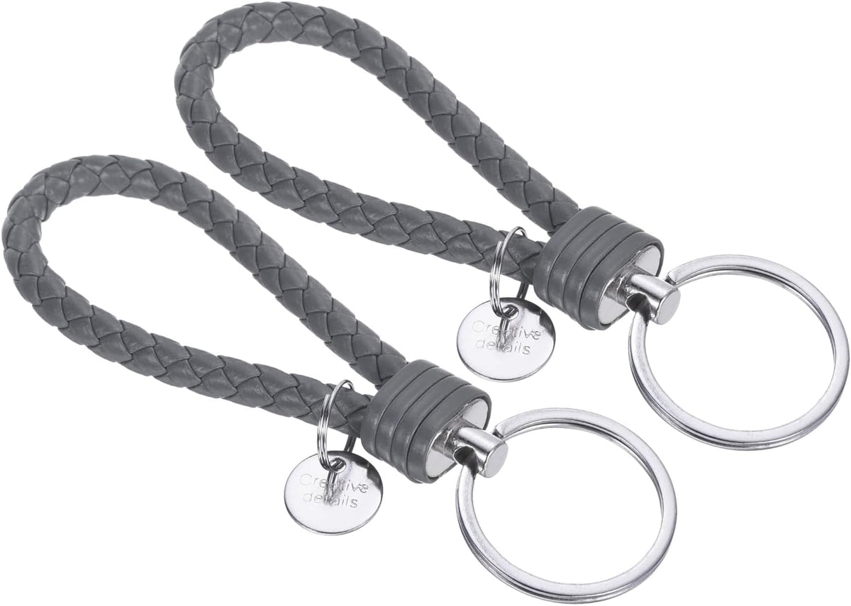 Braided Leather Keychain with Stainless Steel Key Ring Sleeves, PU Woven Wristlet Lanyard Strap Fob Keyring Holder Gray -