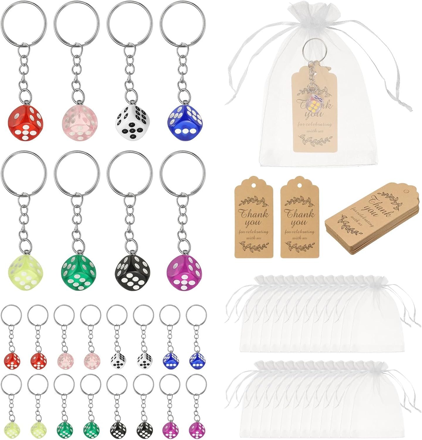Dice Key Chains Bulk with Jute Twine Gift Tag/Mesh Bag, Creative Keyring Charm Pendant for Bag Cellphone Accessories Pink/Blue/Roes Red/Yellow/Green/Red/White/Black -