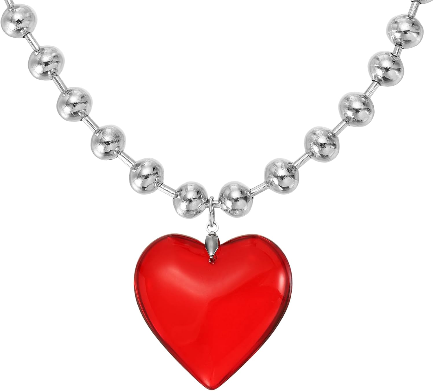 Glass Heart Shape Pendant Necklace, Alloy Chain Love Charms Necklace Red -