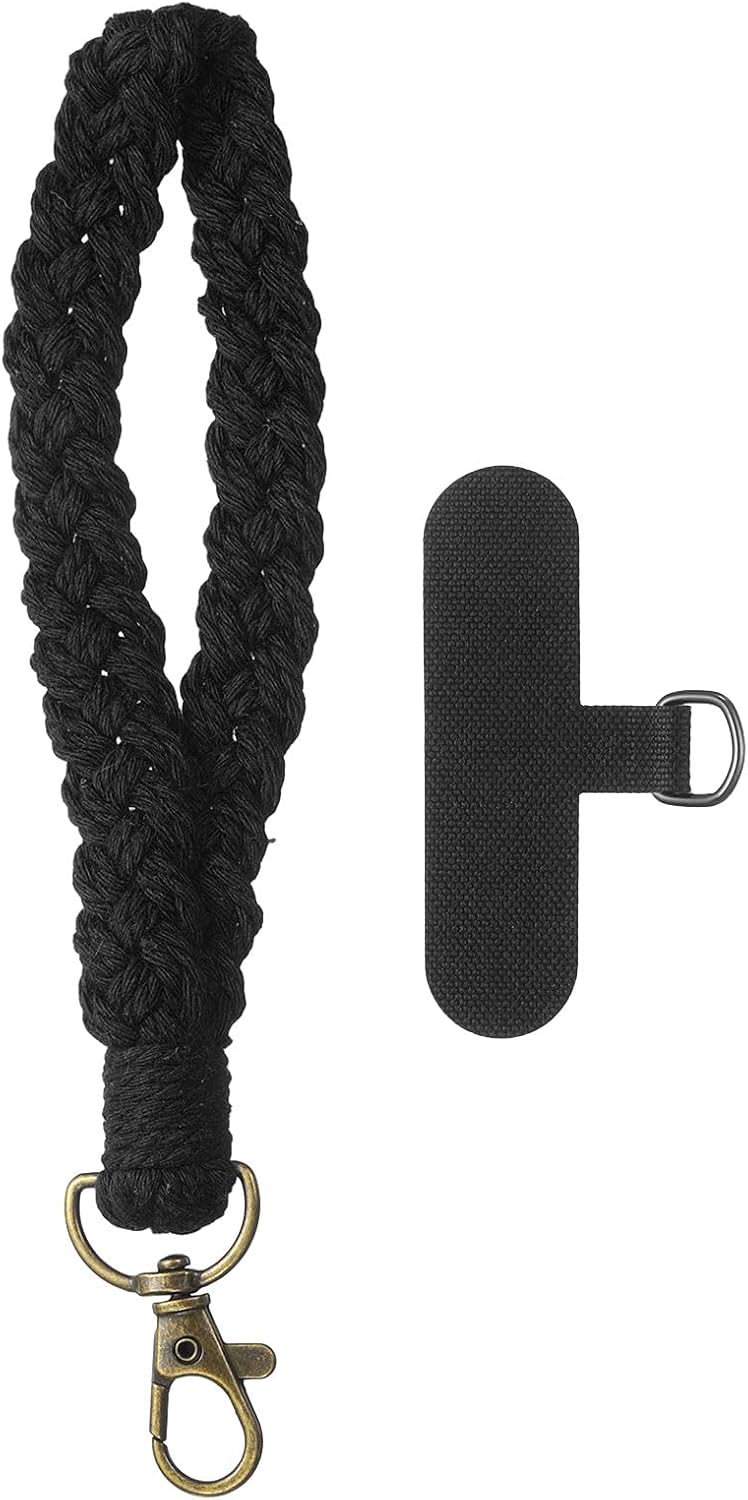 Boho Macrame Keychain, Handmade Wristlet Bracelet Keychain Keyring Holder Key Wrist Lanyard Phone Strap Black -