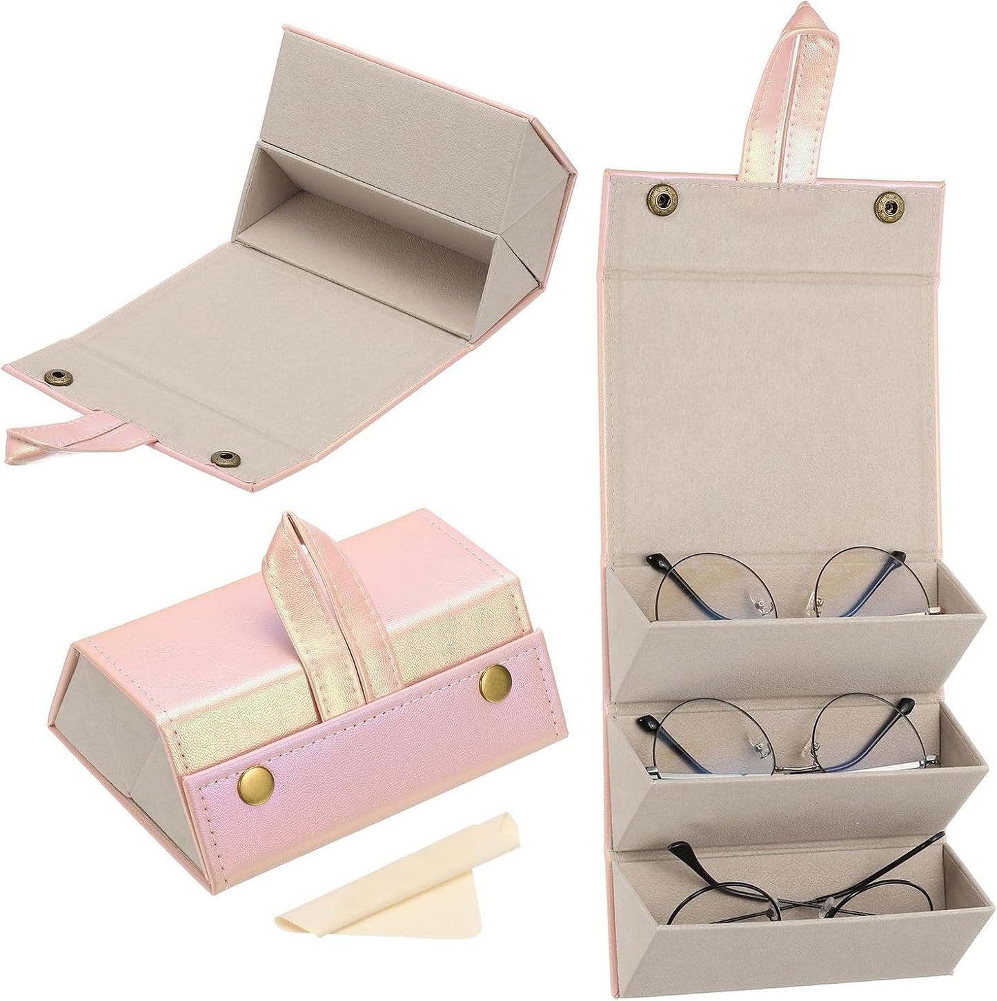Travel Sunglasses Organizer, Foldable Holder Leather Sunglass Storage Organizer Case Portable Pink -