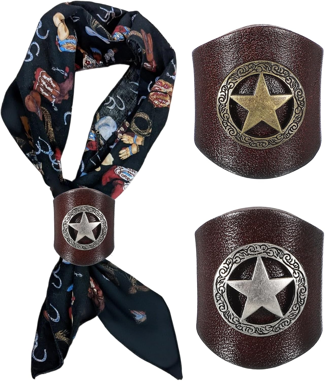 Western Bandana Scarf Ring, Men Square Handmade Leather Star Slide Ring for Scarves Jewelry Gift Brown/Silver Tone/Gold Tone -