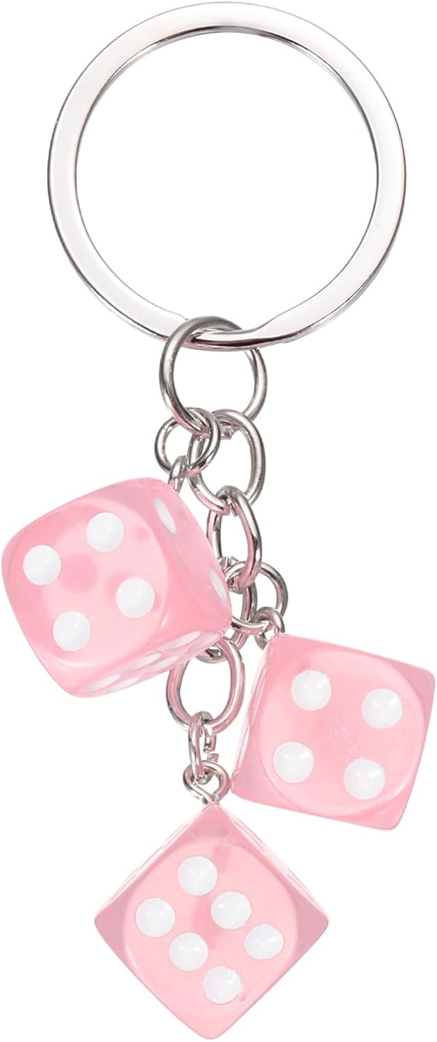Lucky Dice Keychain Charm, Resin 3D Cube Square Mini Keyrings with 3 Pendants for Bag Pink -