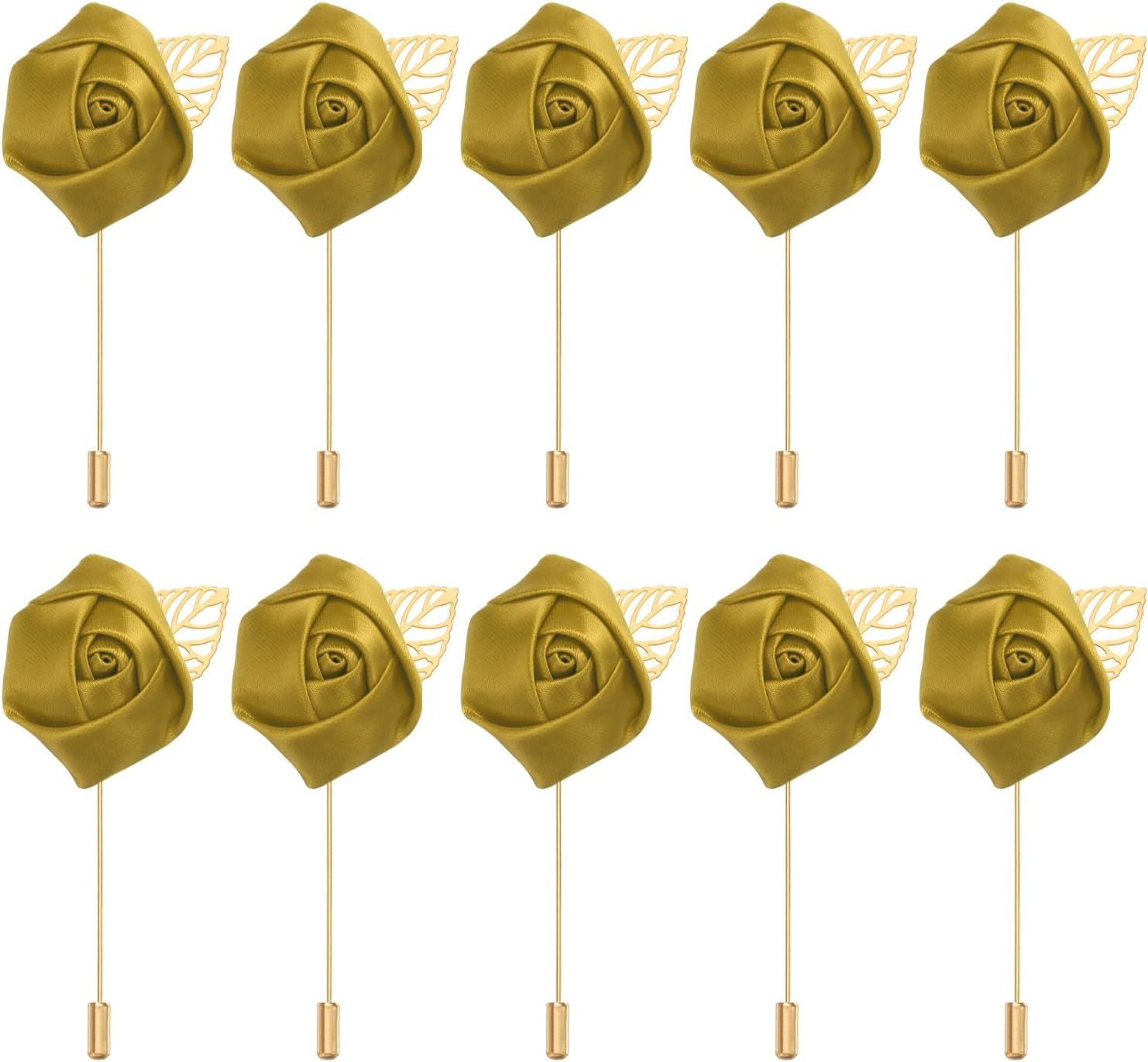 Rose Boutonnieres, 10 Pack Groom Wedding Boutonnieres Pocket Handmade Flower Lapel Pin for Men Ceremony Party Prom, Gold -