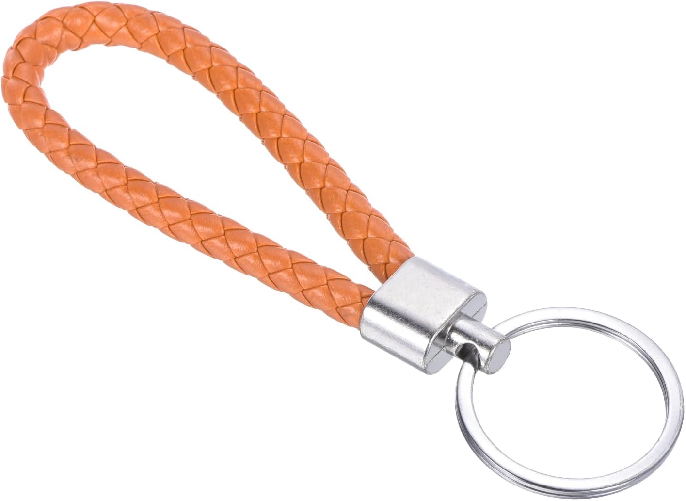 Braided Leather Keychain with Key Ring PU Woven Wristlet Lanyard Strap Fob Keyring Holder for Car Bag Wallet Pendant Orange -