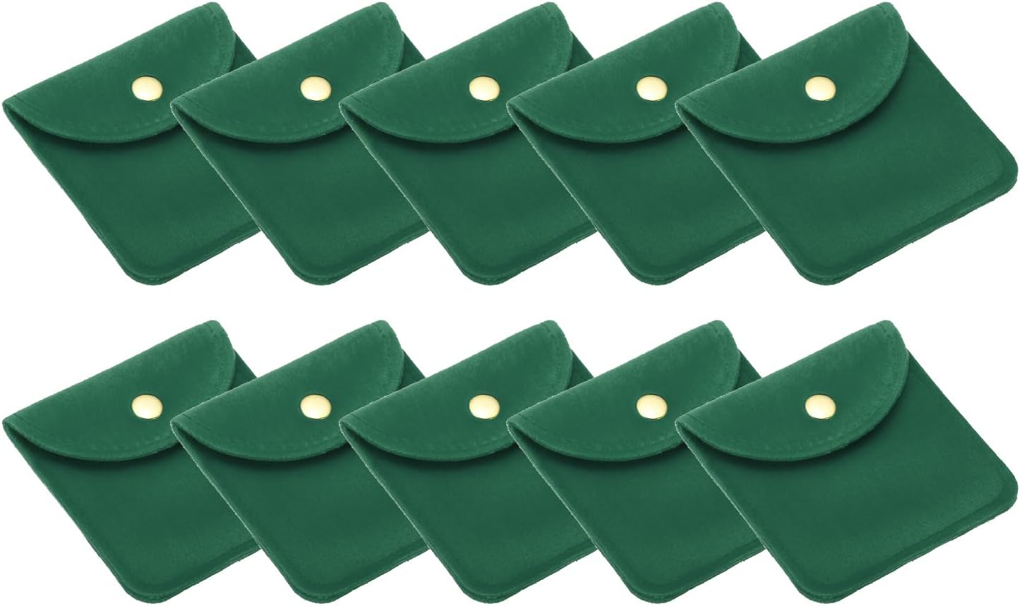 8x8cm Jewelry Pouches with Snap Button, 10 Pack Velvet Portable Soft Storage for Necklace Bracelet Earring Watch Rings Brooch, Dark Green