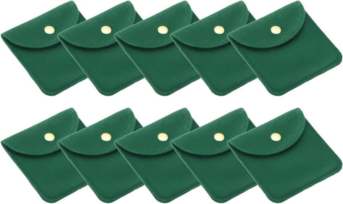 8x8cm Jewelry Pouches with Snap Button, 10 Pack Velvet Portable Soft Storage for Necklace Bracelet Earring Watch Rings Brooch, Dark Green