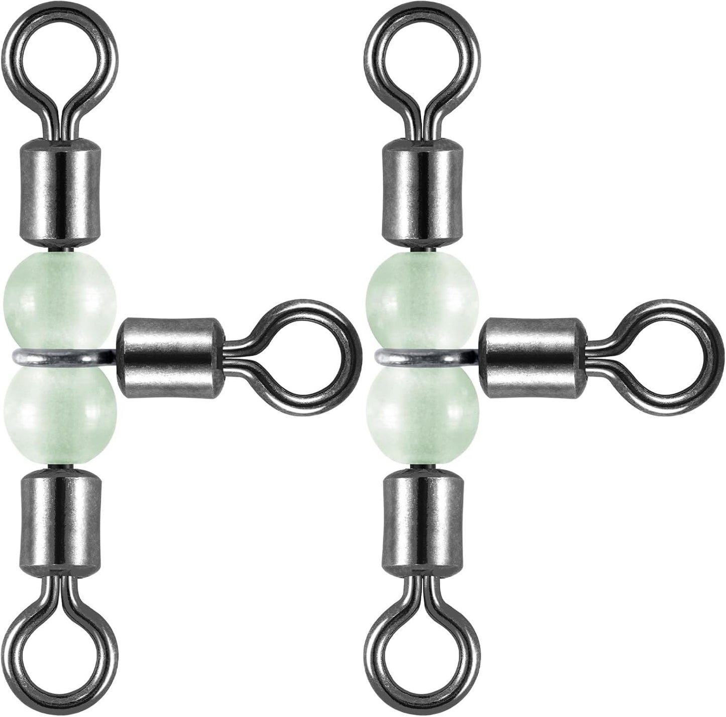 20 Pack 3-Way Fishing Swivels with Glow Beads Barrel Tackle T Shape Stainless Steel Three Way Catfish Rig - #1/0*#2/0(125LB, 1.6")
