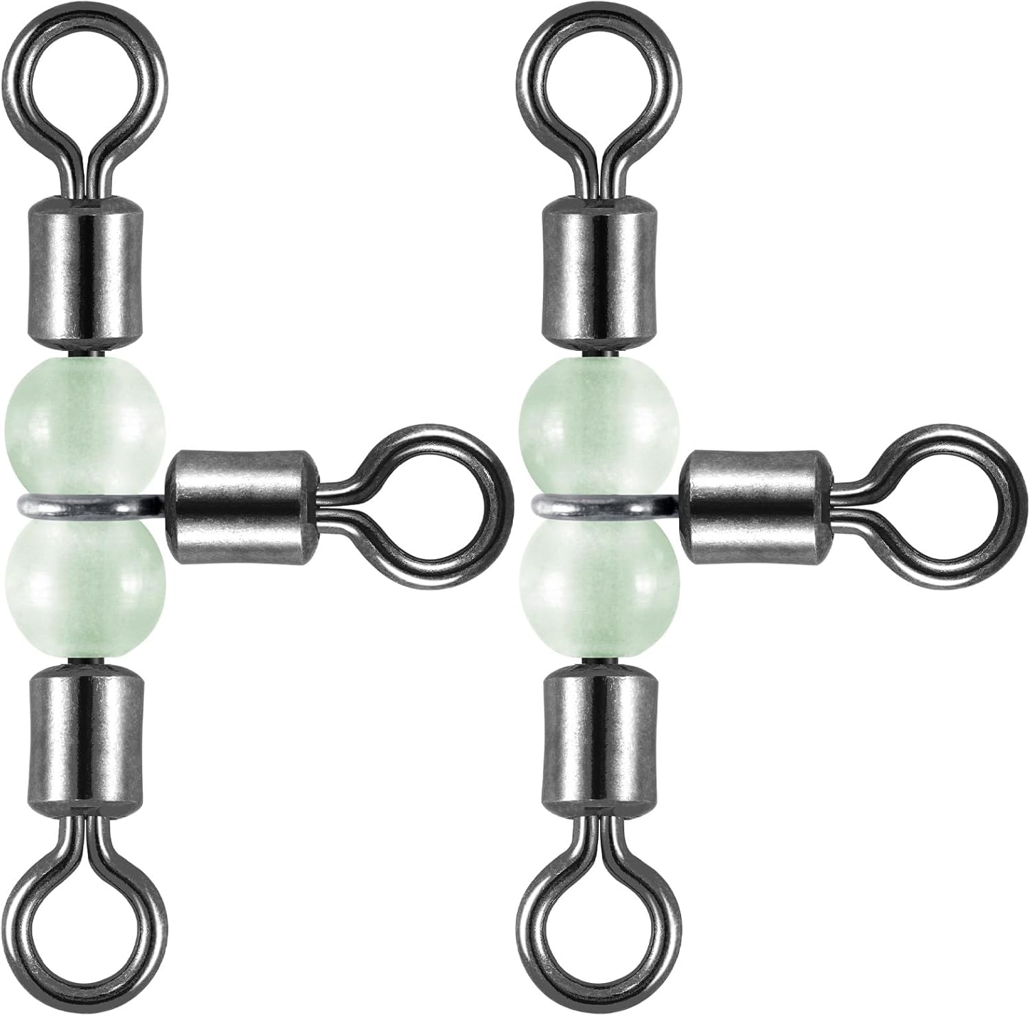 20 Pack 3-Way Fishing Swivels with Glow Beads Barrel Tackle T Shape Stainless Steel Three Way Catfish Rig - #1/0*#2/0(125LB, 1.6")