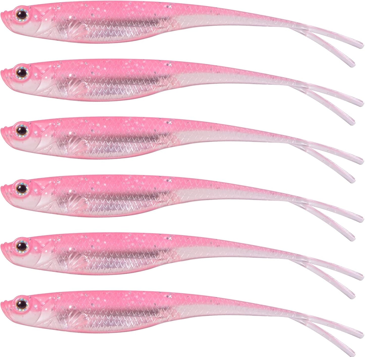 Soft Plastic Baits, Fork Tail Jerkbait Minnow Lures, 3 to 4-3/4 Inches Swimbaits Jerk Shad Baits Crappie Bass Fishing Lures Pink 3"-6 Pack