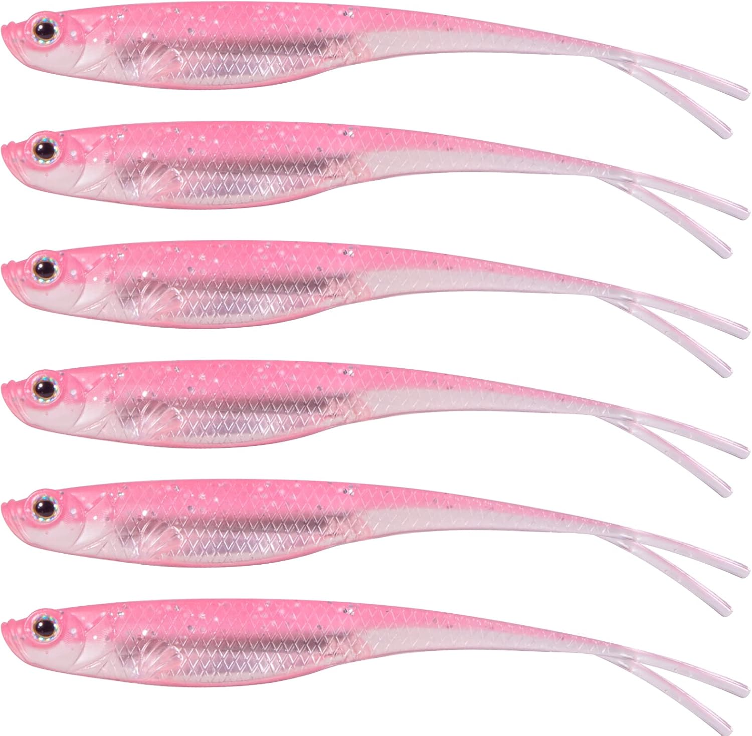 Soft Plastic Baits, Fork Tail Jerkbait Minnow Lures, 3 to 4-3/4 Inches Swimbaits Jerk Shad Baits Crappie Bass Fishing Lures Pink 3"-6 Pack