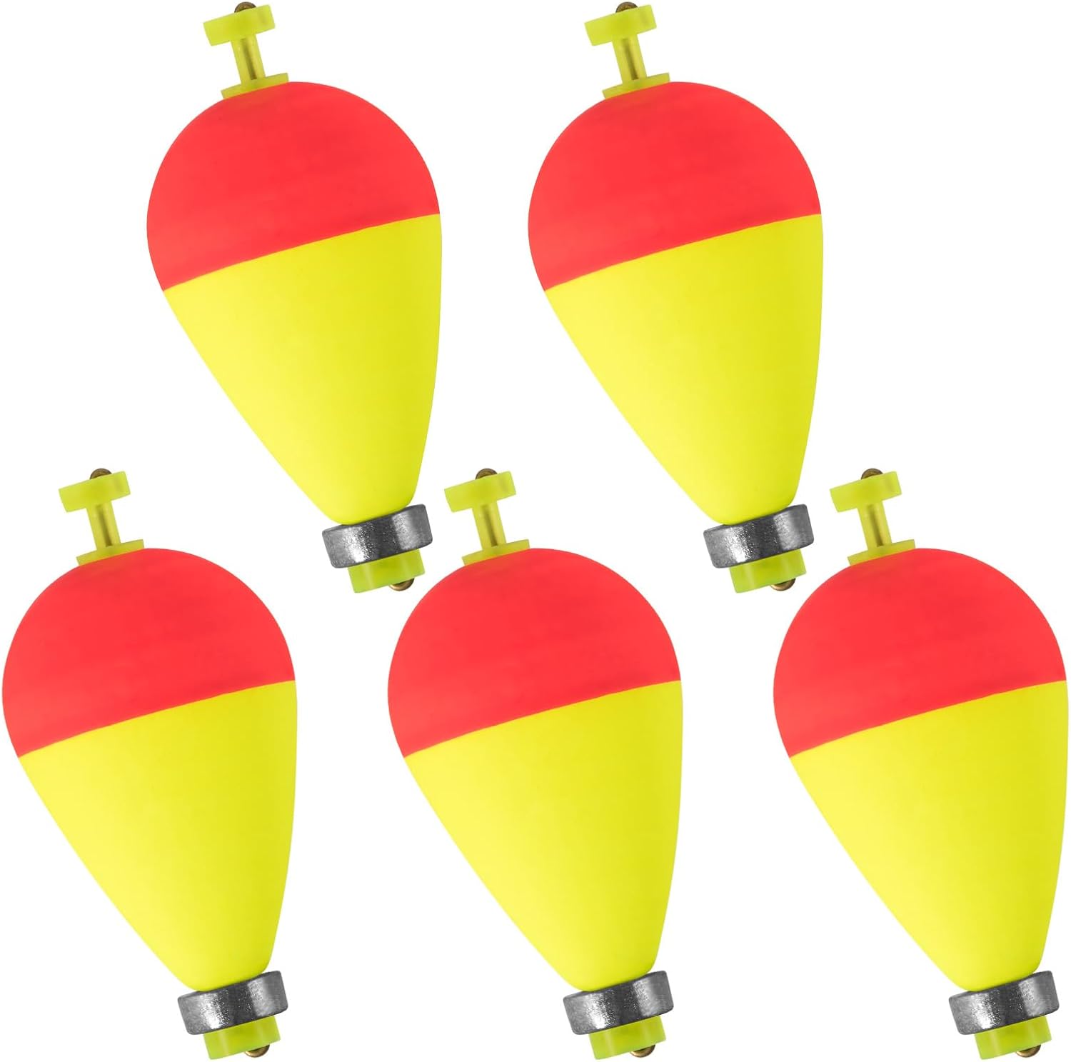 5 Pack Weighted Fishing Bobbers Snap-on Spring Push Button Floats EVA Foam Pear Shape Bass Freshwater for Crappie Panfish Bluegill Trout Red/Fluorescent Yellow 3"(1oz)