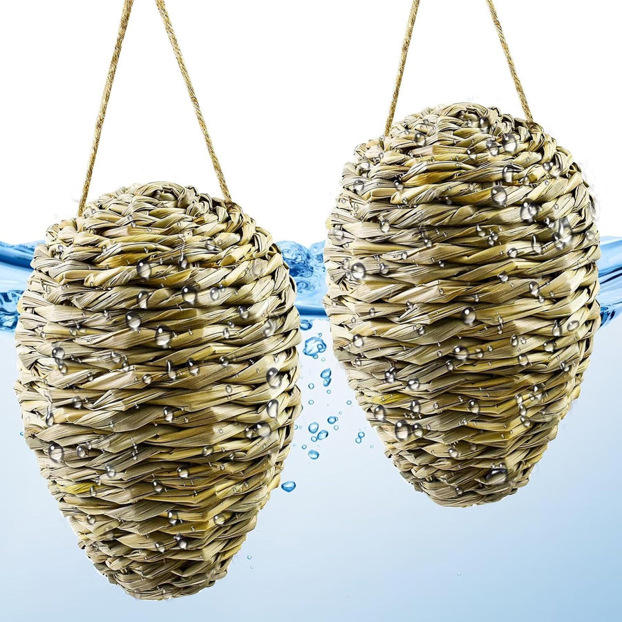 Woven Crochet Wasp Nest Decoy, Waterproof Faux Hanging Hornets Hive Nests Artificial Fake Decoy Decoration for Patio Eaves Yard Home Yellow-weed-2pcs-10×4In -