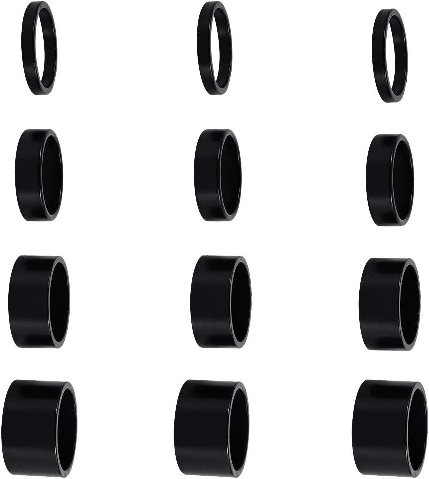 12 PCS Bicycle Headset Spacer Bike Handlebar Stem Spacers Threadless Aluminum Alloy Set Fit 1 1/8-Inch For MTB BMX Mountain Road Bikes Cycling 2MM 3MM 5MM 10MM(Black) -