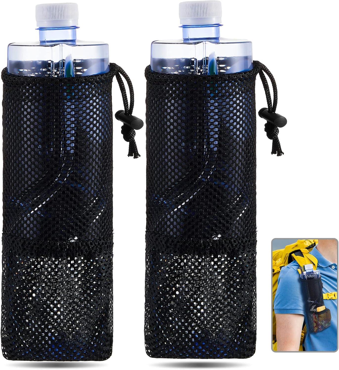 2 Pcs Water Bottle Holder for Backpack Foldable Mesh and Snack Adjustable Pouch Tactical Attachments Carrier Hiking Bicycle(Black) -