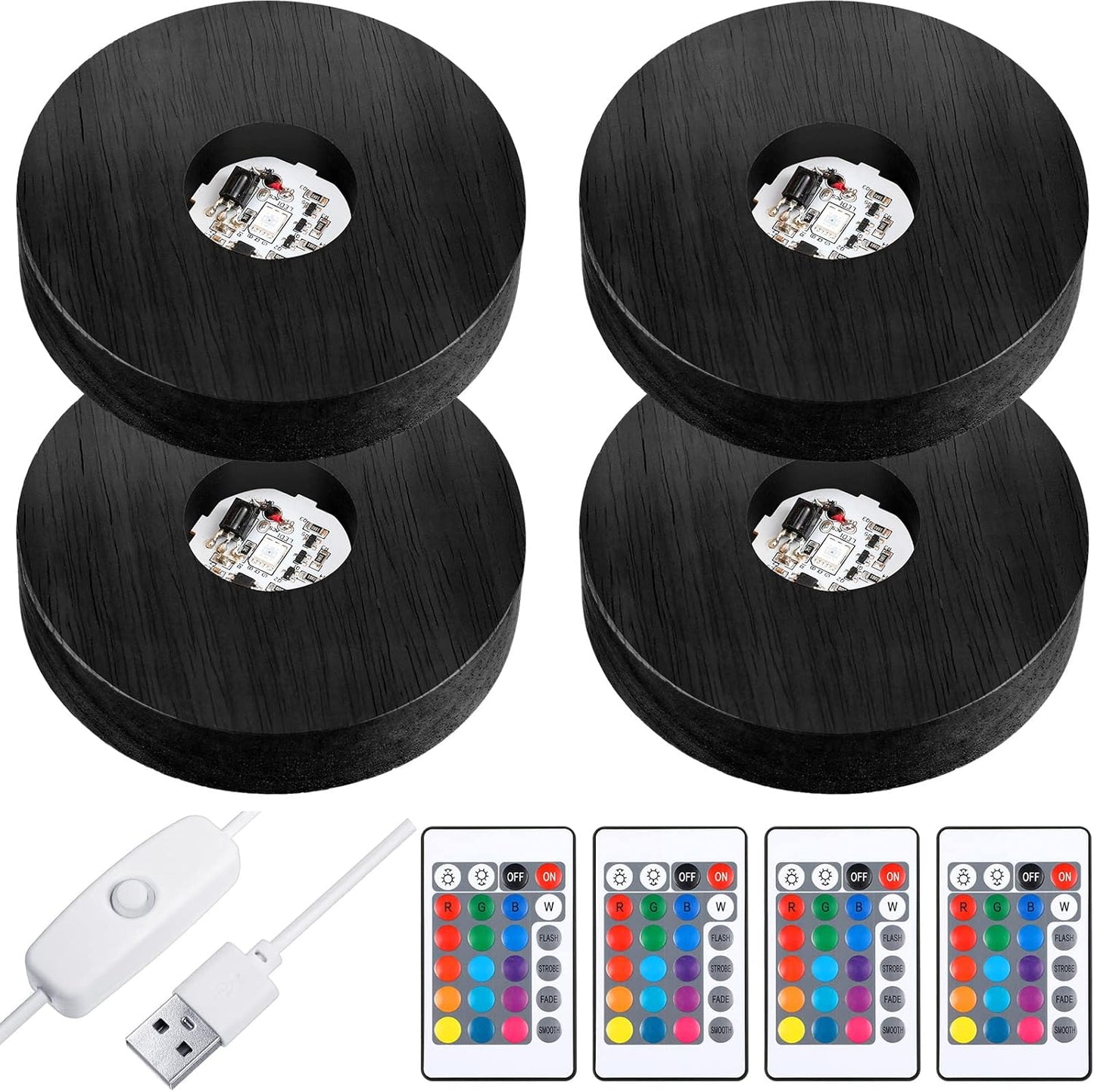 4 Pieces Wood LED Display Light Base Crystal Stand Remote Control Round 16 Lighting Modes Wooden Lighted Holder Colorful Pedestal for Glass Resin Ball(Black) black -
