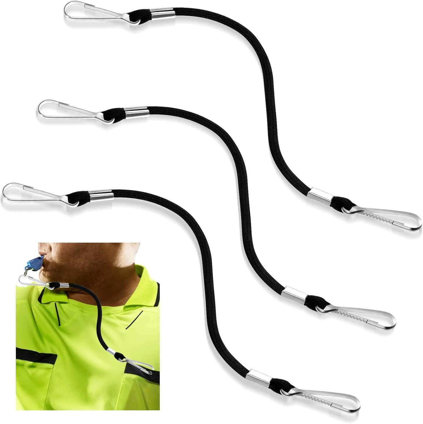 3 Pcs Whistle Lanyard Double Clip Lightweight and Sturdy Nylon with Metal for Coach Wrestling Referee School Football Basketball Team Class Competition Training, Black -