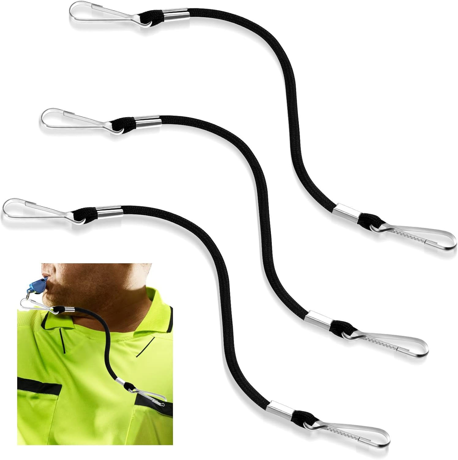 3 Pcs Whistle Lanyard Double Clip Lightweight and Sturdy Nylon with Metal for Coach Wrestling Referee School Football Basketball Team Class Competition Training, Black -