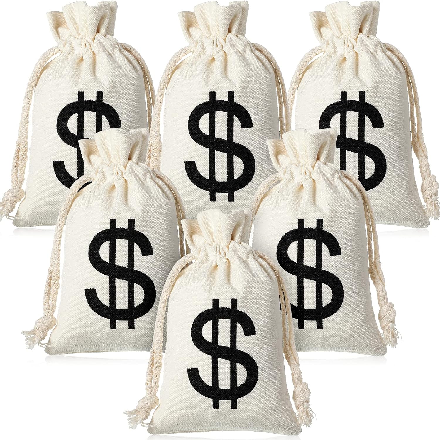 48 Pcs Canvas Money Bags Bulk with Drawstring Dollar Sign Sacks Pouch 4.3 x 7.1 Inch Cash Coin Props for Halloween Bank Robber Pirate Cosplay Party Favors -