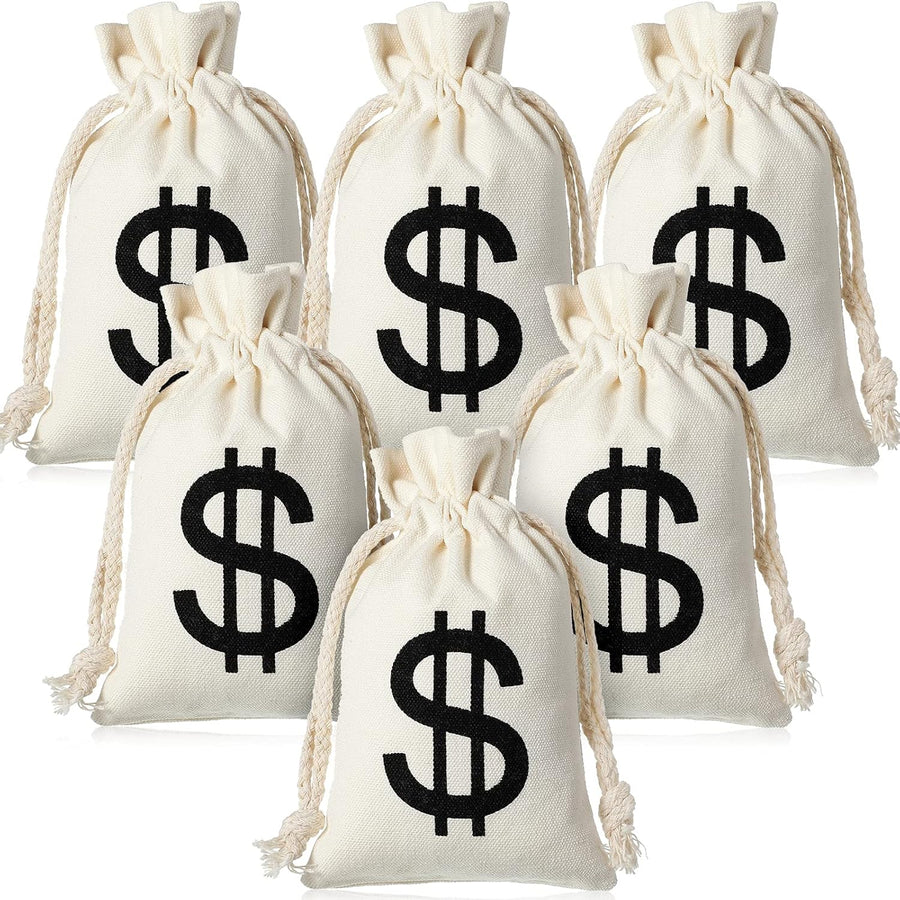 48 Pcs Canvas Money Bags Bulk with Drawstring Dollar Sign Sacks Pouch 4.3 x 7.1 Inch Cash Coin Props for Halloween Bank Robber Pirate Cosplay Party Favors -