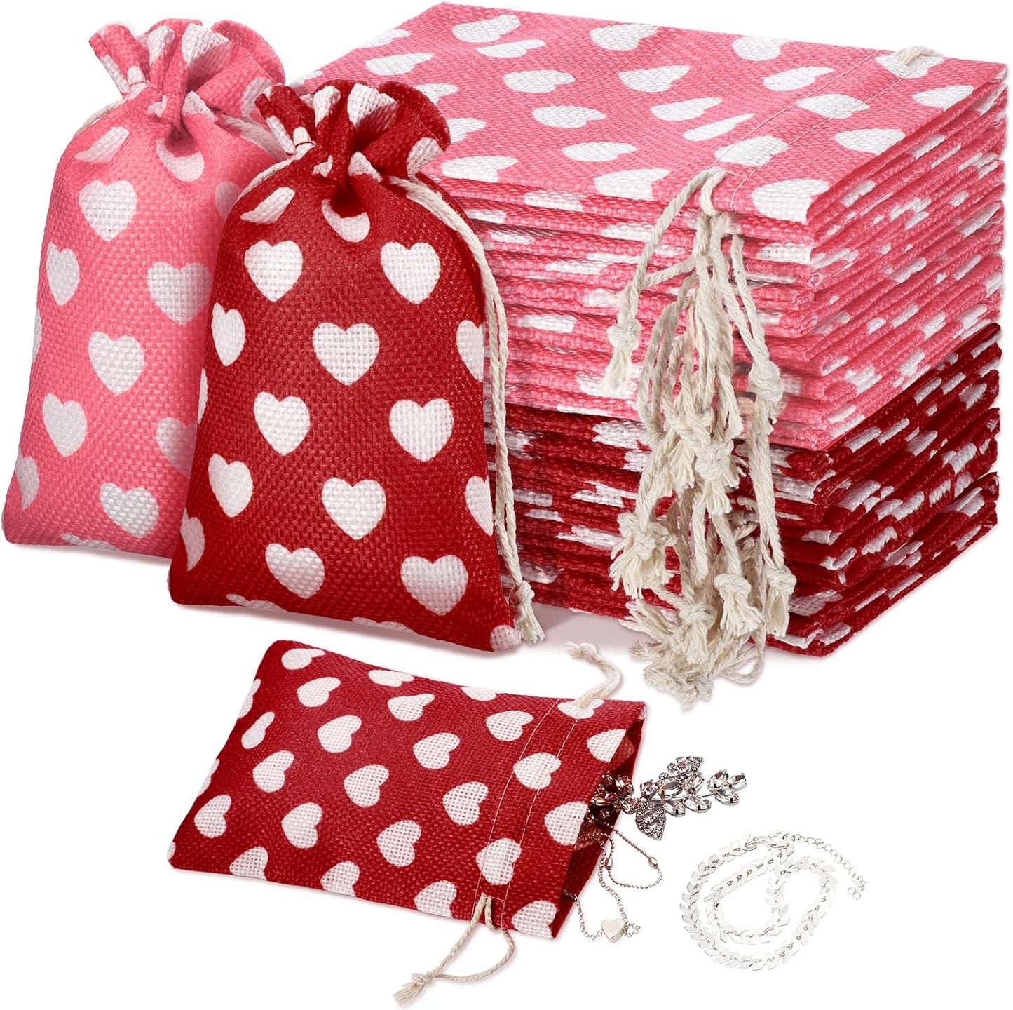 24 Pieces Valentine's Day Burlap Bag with Drawstring Linen Heart Red and Pink for 4 x 6 Inches Party Favor Gift Bags Packing Storage Pouch -
