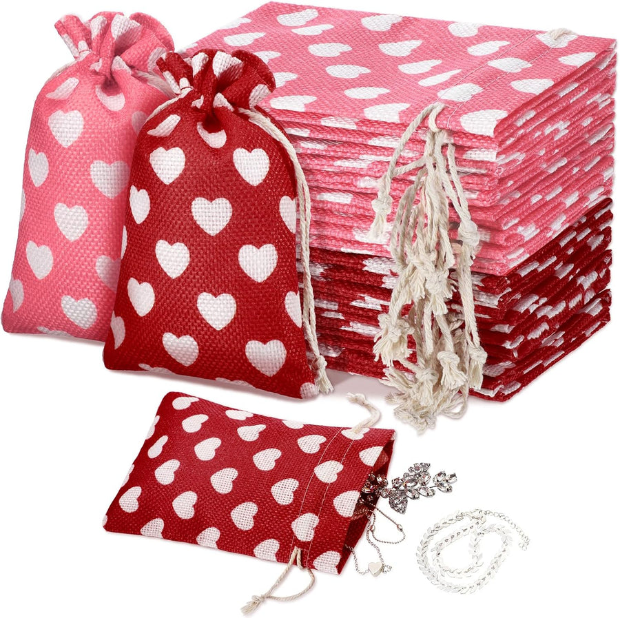 24 Pieces Valentine's Day Burlap Bag with Drawstring Linen Heart Red and Pink for 4 x 6 Inches Party Favor Gift Bags Packing Storage Pouch -