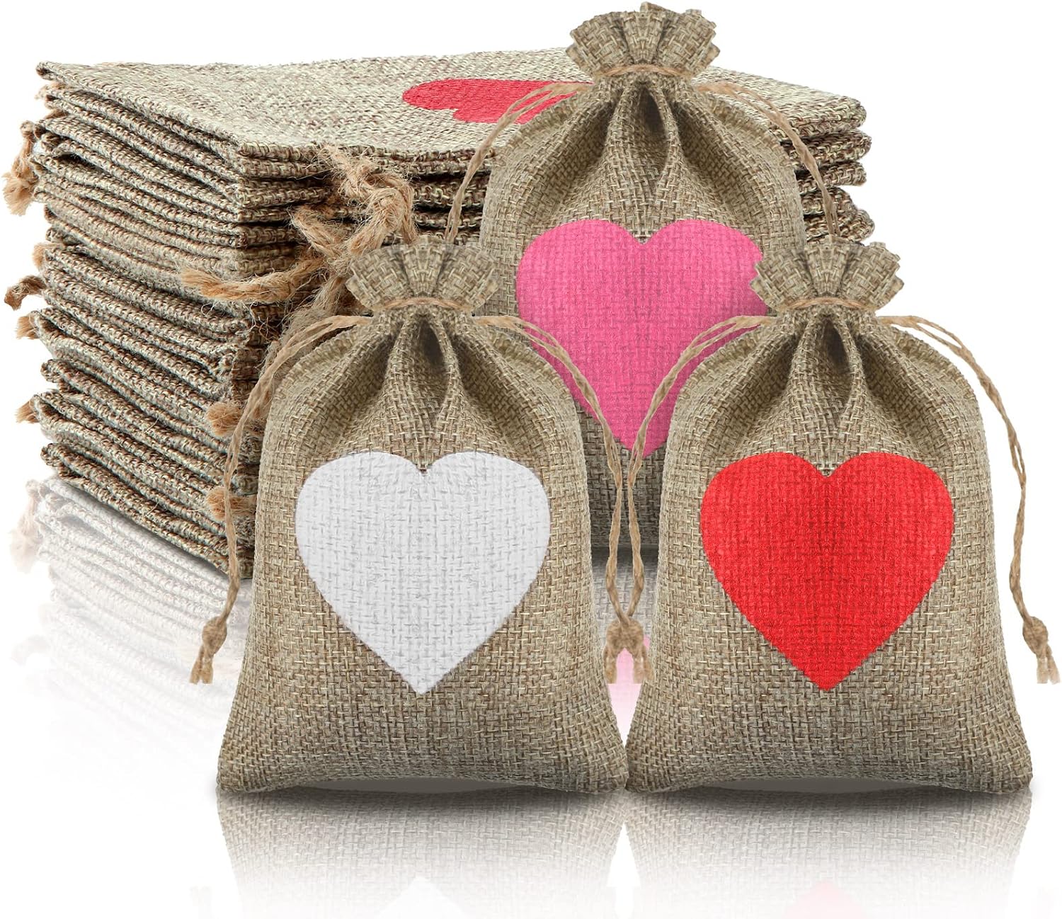 24 Pieces Valentine‘s Day Heart Burlap with Drawstring Present Bags 4 x 6 Inch Mini Rustic Pouches Small Party Favor Tags and Rope for Wedding, Party, Bridal Shower -