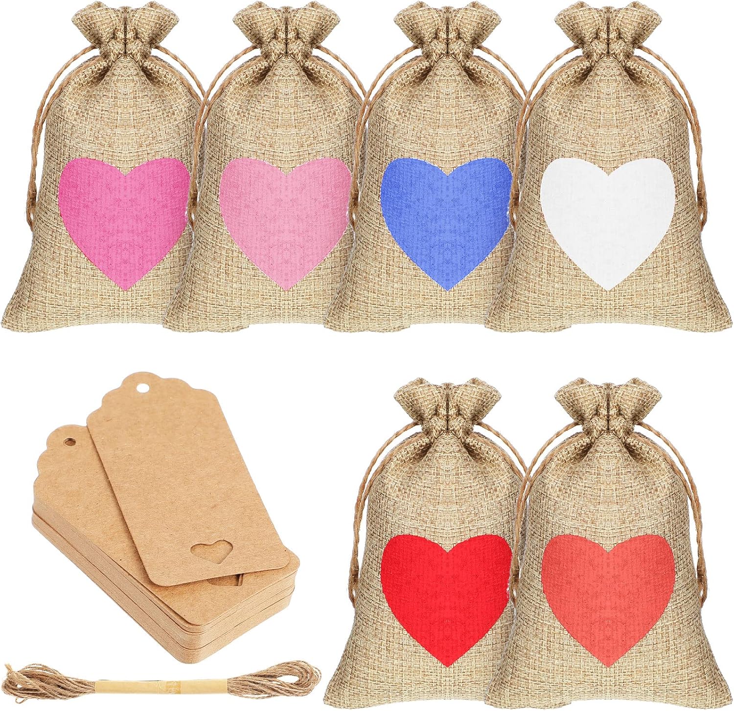 36 Pcs Valentine's Day Burlap Gift Bags with Drawstring Heart 6x4 In Party Favor Bag Mini Rustic Pouches Wedding Tags and Rope for Valentine Bridal Shower(Cute, Burlap) -