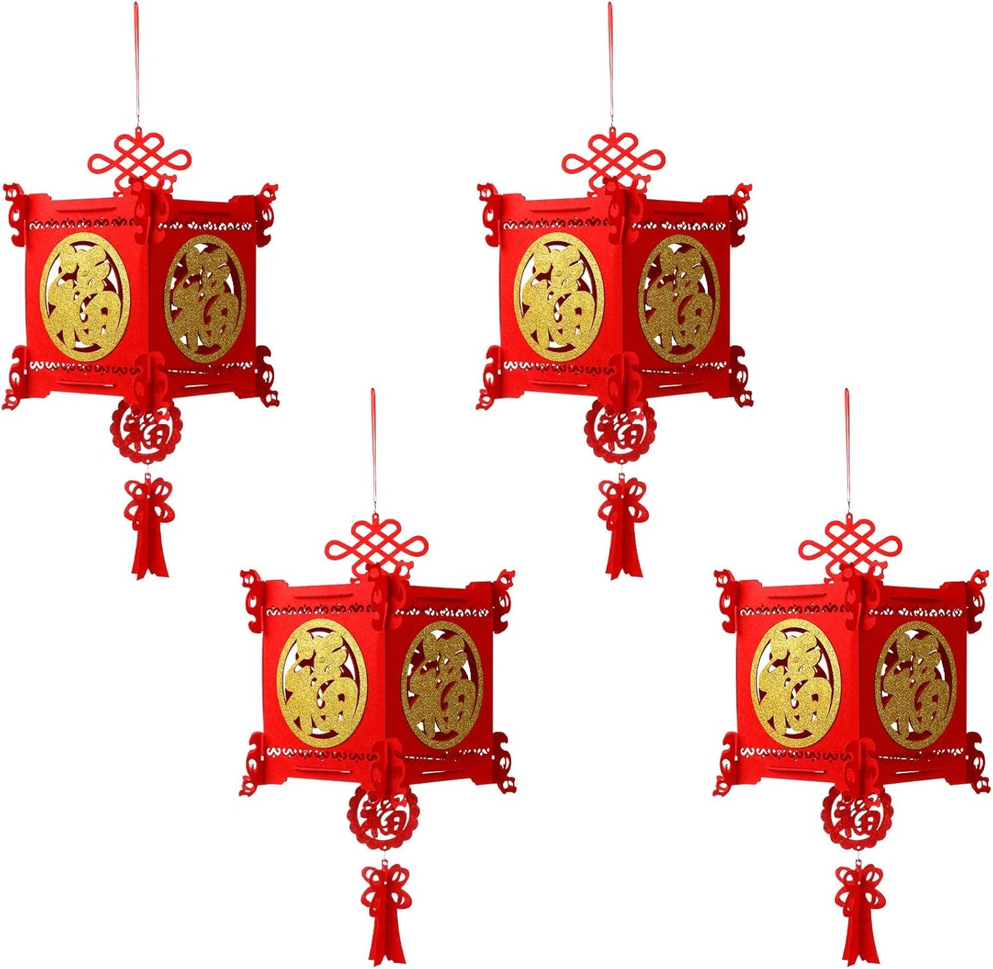 4 Pieces Chinese New Year Lantern Decoration 2026 Lunar Lanterns Lucky Red Fu 3D Puzzle Traditional for Spring Festival Restaurant Celebration(17.7 x 10 Inches,Square) Square 17.7 Inches
