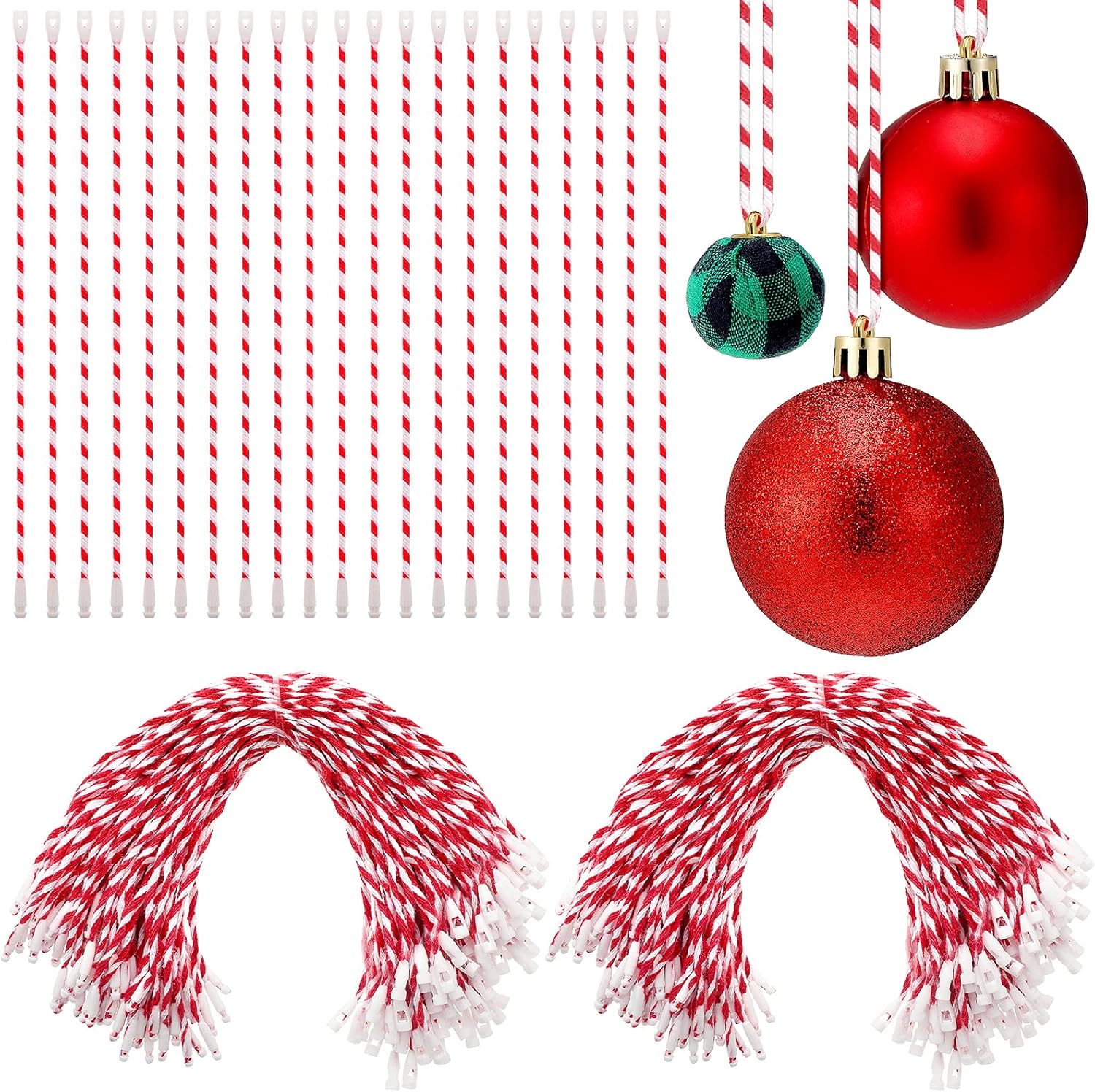 300 Pieces Christmas Ornaments Hanger String Snap Xmas Locking Fabric Hangtag Ropes for Holiday Party Hanging Decoration (Red, White) Red, White -