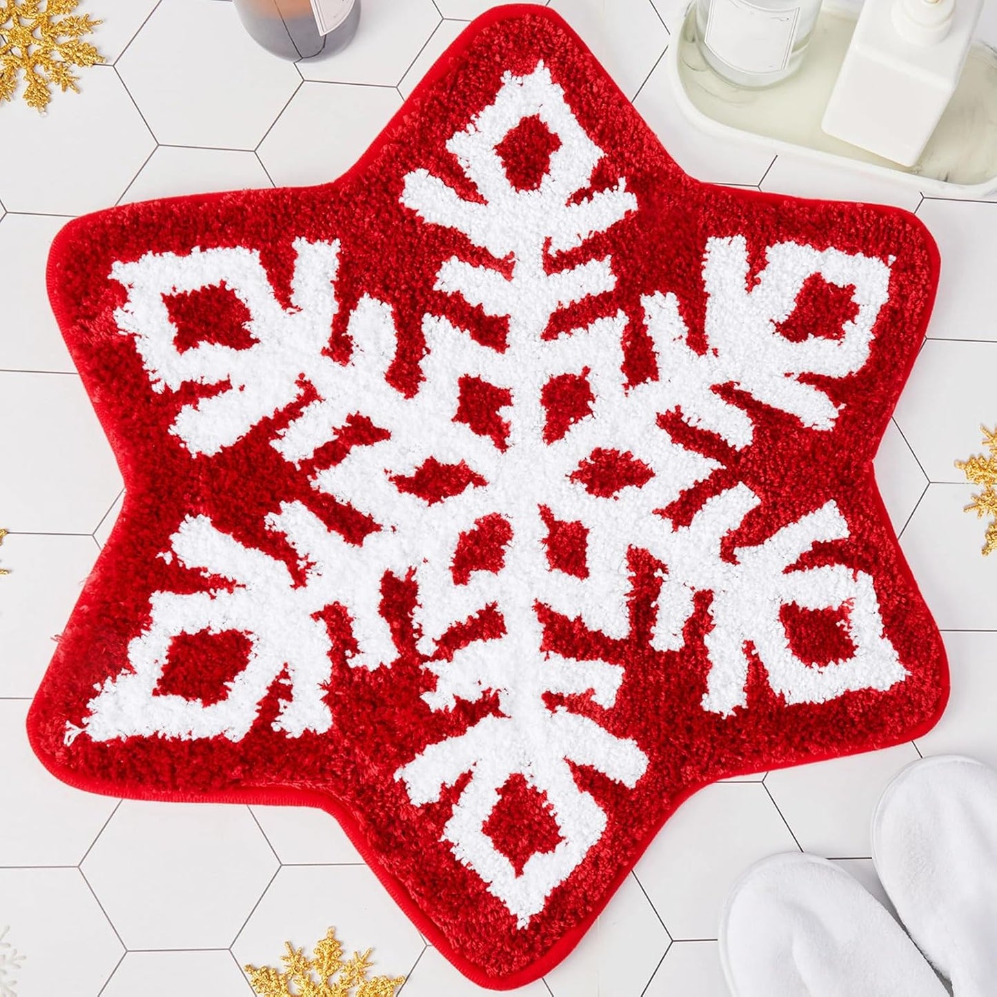 Winter Snowflake Rug Red Bath Mat Bathroom Decor Welcome Non Slip Xmas Washable Bathtub Tub Doormat 21.7'' x 23.6''(Classic) -
