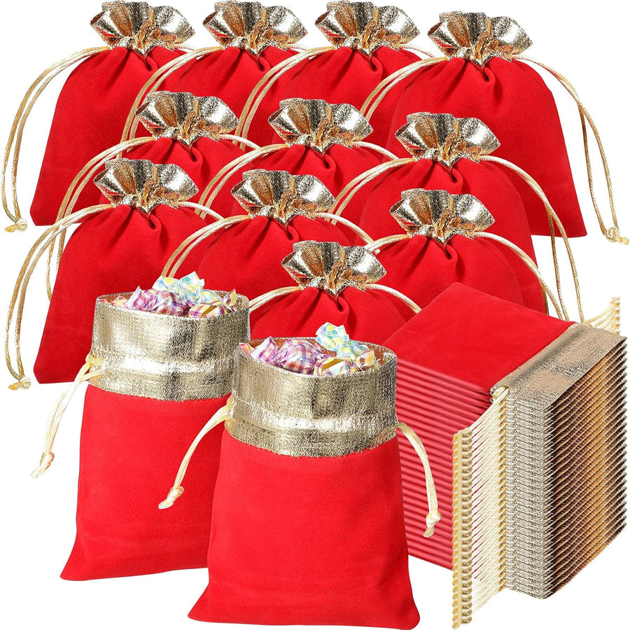 40 Pieces Christmas Velvet Jewelry Bags with Drawstrings Mini Pouches Golden Soft Velour Packaging for Candy Present Wedding(4.7 x 5.9 Inch,Red Golden) -