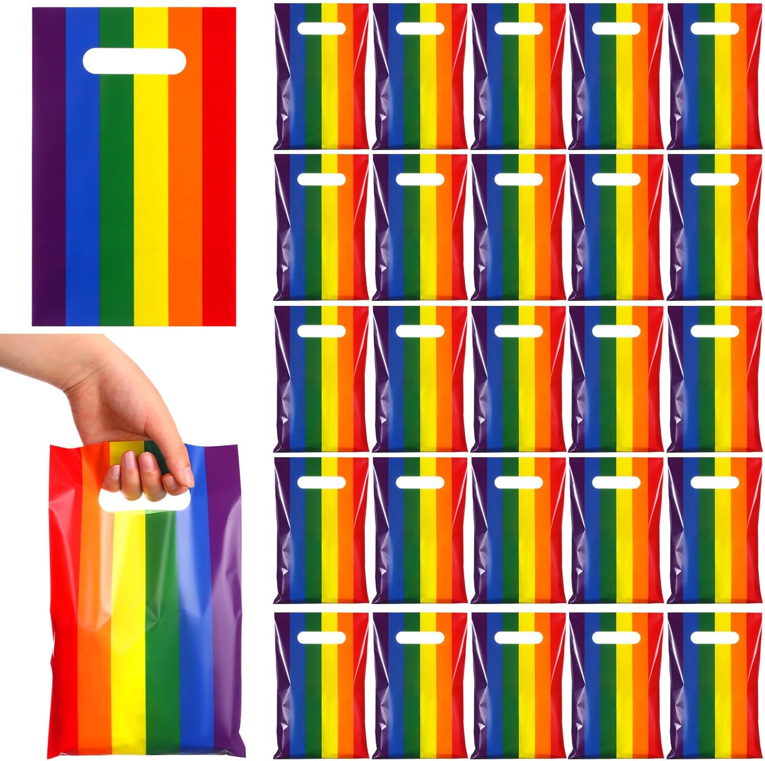 100 Pcs Gay Pride Day Rainbow Gift Bags with Handle Lgbt Party Favor Reusable Striped Plastic Snack Treat Goody Candy Bag for Summer Birthday Wedding Supplies 9.84'' x 6.5'' -