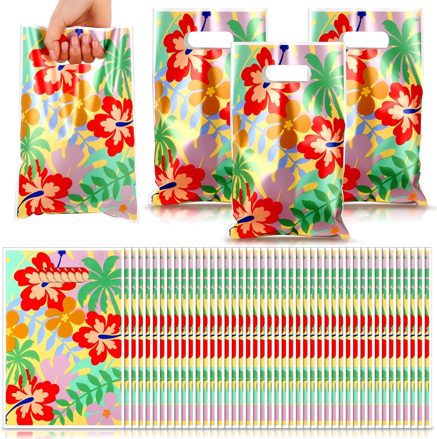 50 Pcs Hawaii Party Favor Bags Cute Cartoon Palm Leaves Snack Pouch 9.8 x 6.7 inch Hawaiian Themed Candy Treat Plastic Bag with Handle for Summer Tropical Aloha Birthday Theme Supplies -