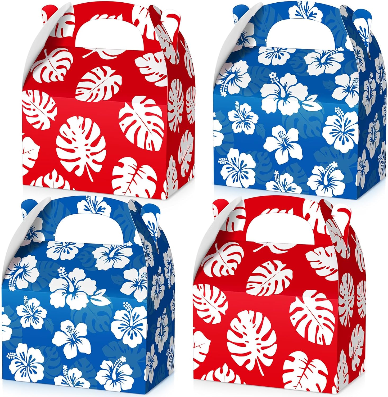 12 Pcs Hawaiian Luau Party Favor Treat Boxes Blue and Red Cartoon Paper Summer Tropical Hibiscus Palm Leaves Gable Goodie Bags for Birthday Aloha Pool Supplies -