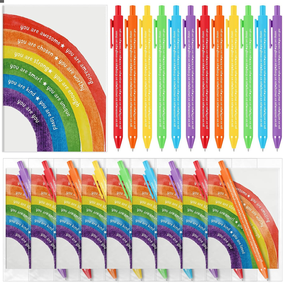 36 Pack Positive Gifts Bulk for Kids Rainbow Inspirational Pens Motivational Notebook with Affirmations Social Worker Child Student Employee Teacher -