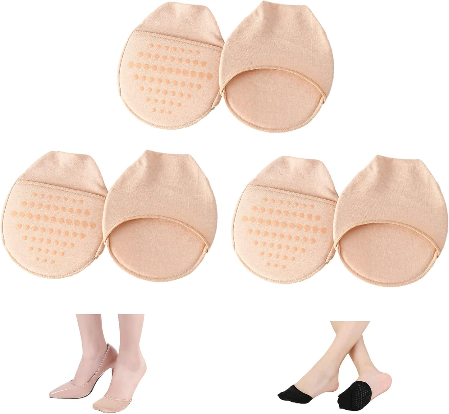 Ball of Foot Cushion Socks Women Toe Cover with Padding Topper Liner No Show Half Sock Sponge Beige-3 Pairs One Size