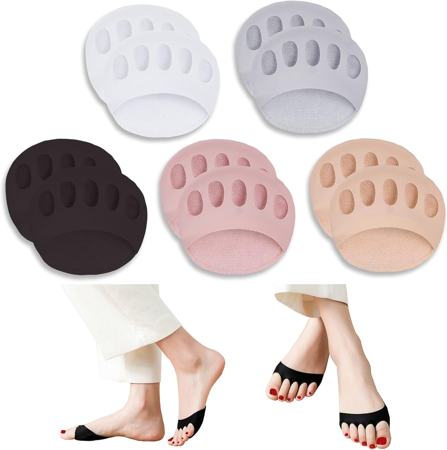 Ball of Foot Cushions (5 Pairs) - Metatarsal Pads for Women & Men, Soft Forefoot Feet, Reusable, Breathable, Prevent Pain Discomfort 5 Pairs-(black-beige-white-pink-gray)