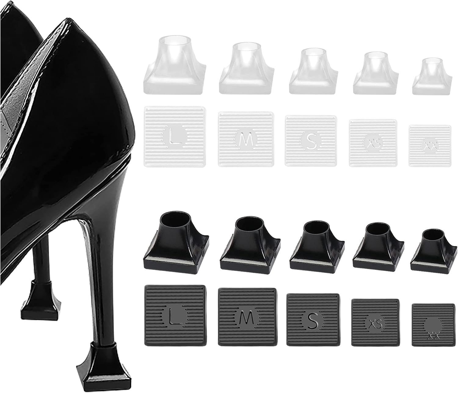 10 Pairs High Heel Protectors 5 Sizes Repair Caps Covers & Stoppers Cover Replacement Tip for Outdoor Weddings/Stop Sinking at Grass/Gravel/Bricks and Cracks Black,clear -