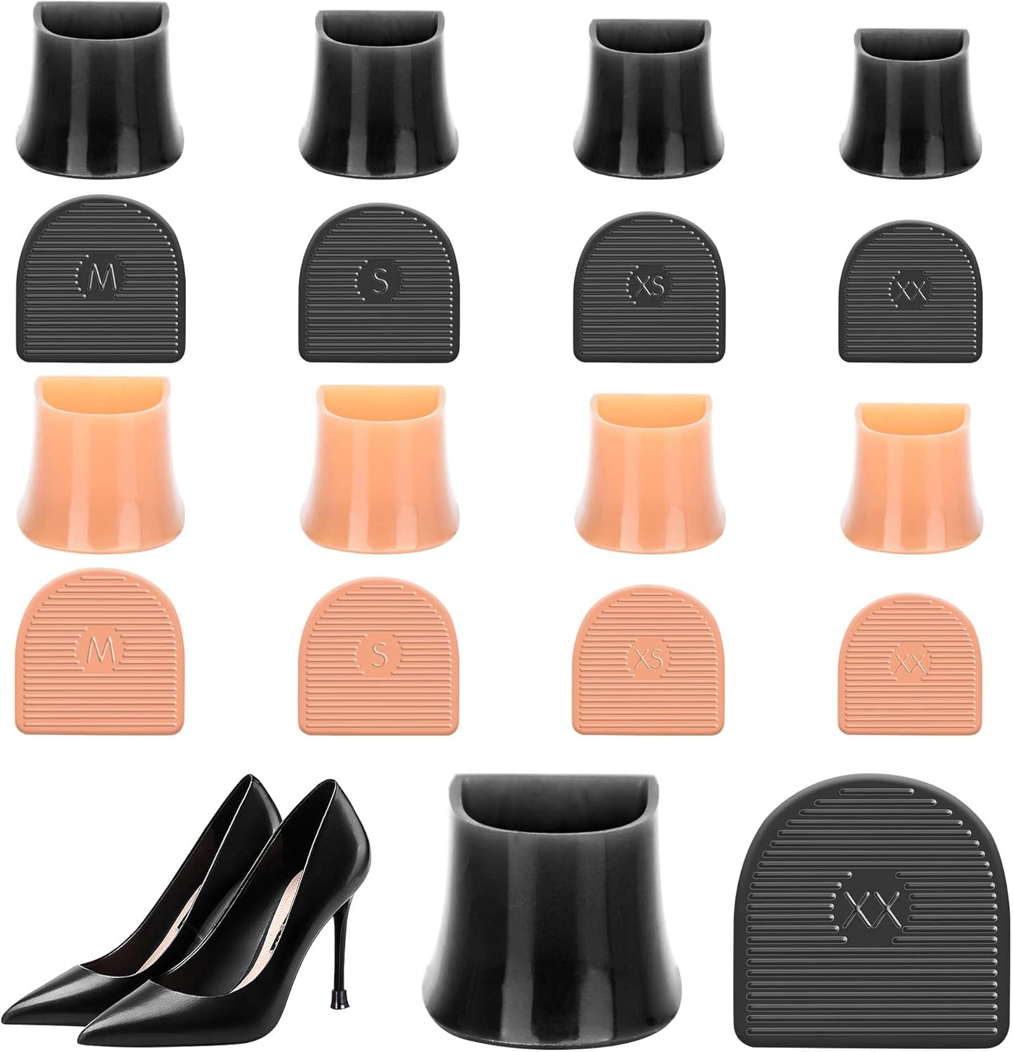 High Heel Protective Caps, 8 Pairs Tip Covers 4 Sizes Stoppers, Protectors for Walking on Grass Soft Mud Gravel U-black+apricot -