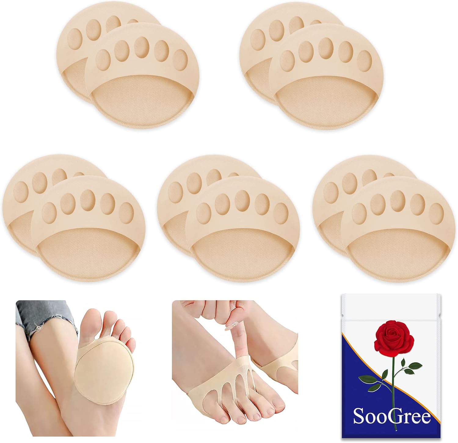 5 Pairs Ball of Foot Cushion,Thicken Forefoot Cushion Pad,Forefoot Metatarsal Invisible Socks Pads, Reusable Honeycomb Fabric Pads for Women Men Prevention Pain Relief Beige -