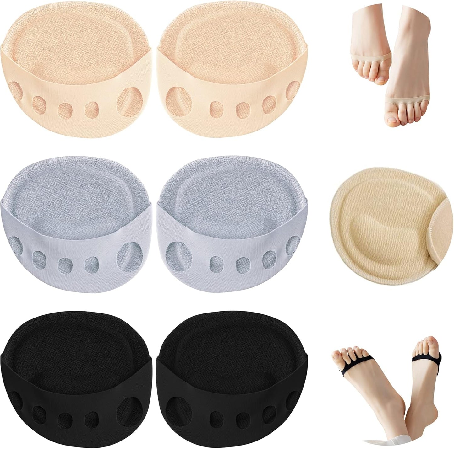 3 Pairs Ball of Foot Cushion Pads Honeycomb Fabric Forefoot Socks Women's Invisible Toeless Half Metatarsal for Women Care Pairs(black-beige-gray) -