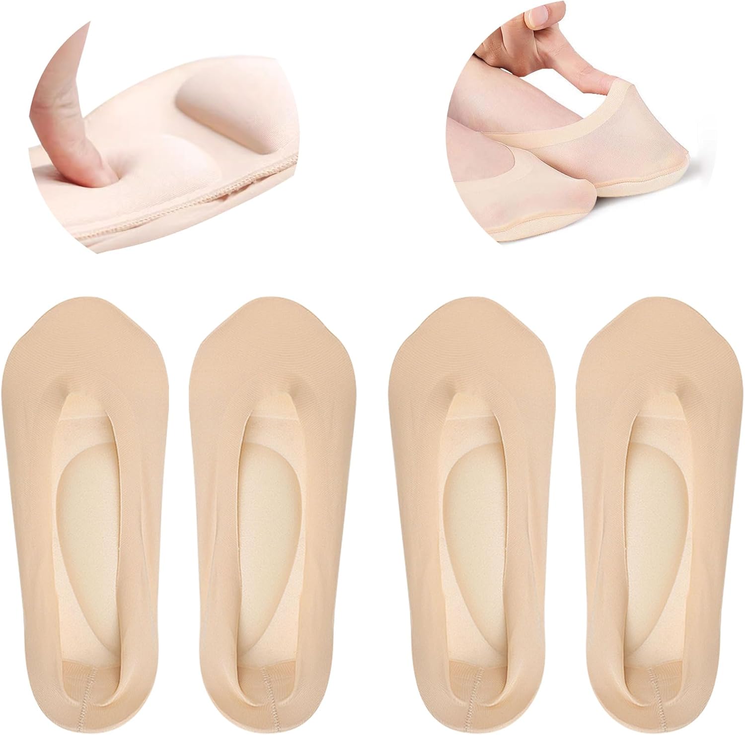 2Pairs Arch Support Socks Woman No Show Liner 3D Padded Sponge Cushion Massage Sock Beige Large
