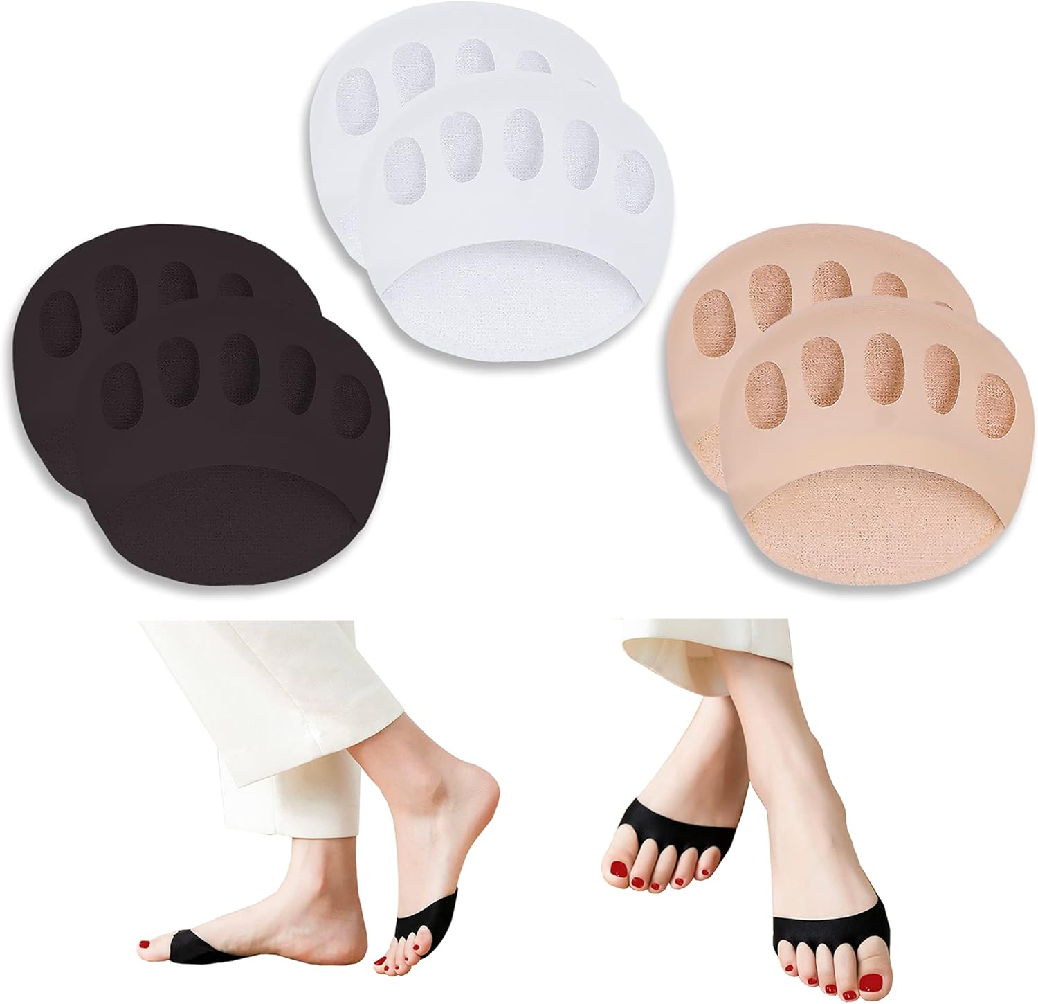 Metatarsa Foot Pads(3pairs) Reusable Soft Ball of Cushions Forefoot Pads for Women Prevention Pain Relief Honeycomb Fabric Black-beige-white -