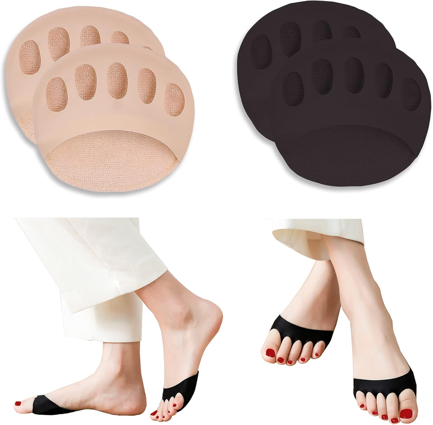 Reusable Honeycomb Fabric Forefoot Pads Soft Ball of Foot Cushions Metatarsal for Women Men Prevention Pain Relief (Black,Beige) Black,beige -