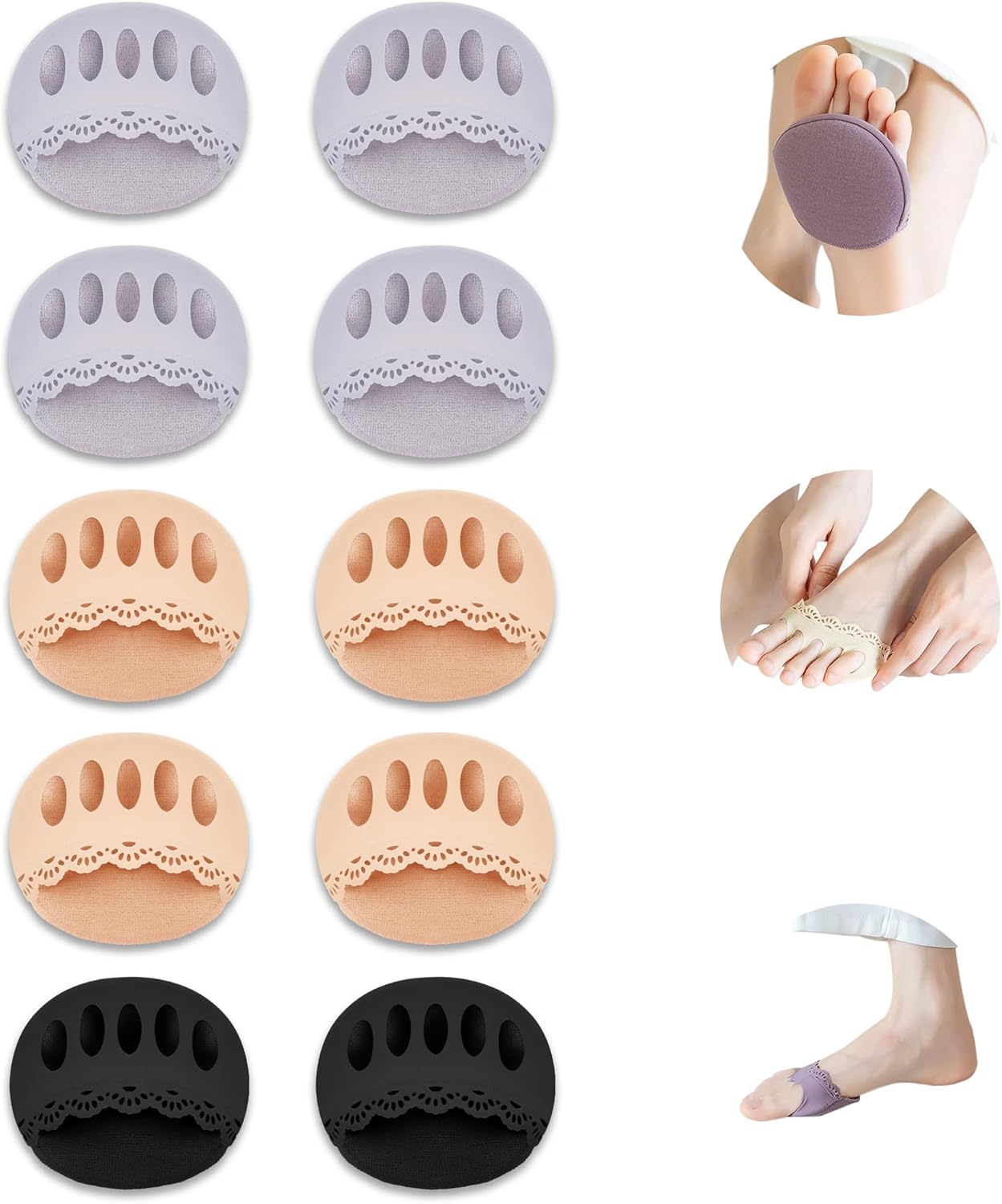Honeycomb Fabric Forefoot Pads, Soft Ball of Foot Cushions, Women's High Heels Invisible Toe Socks, Half Socks for Sandals (5 Pairs: 2 Beige, Gray, 1 Black) 5 Pairs( Beige / Gray -