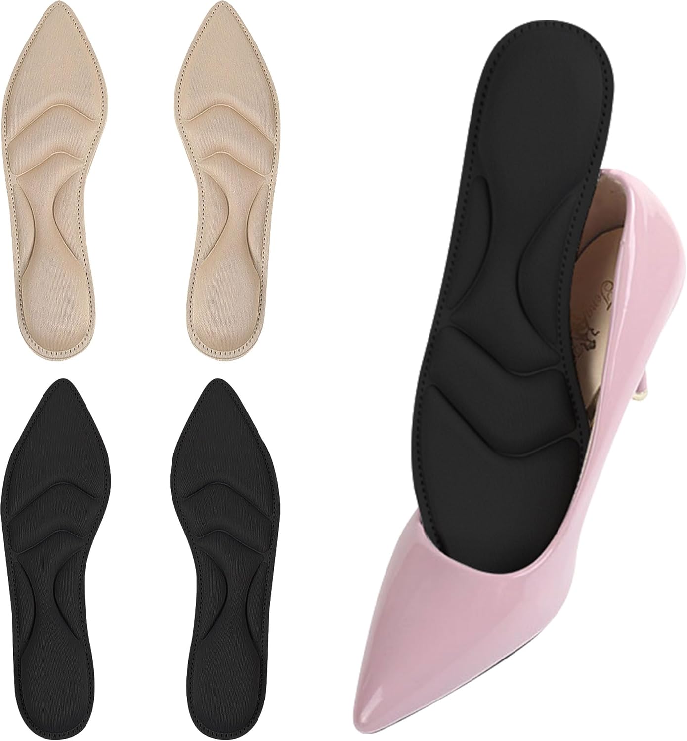 2 Pairs Shoe Insoles High Heel Women Breathable Pads Sponge Cushions Arch Support Boot Inserts Feet Pain Relief Loose Shoes Sore Spurs Beige,black -