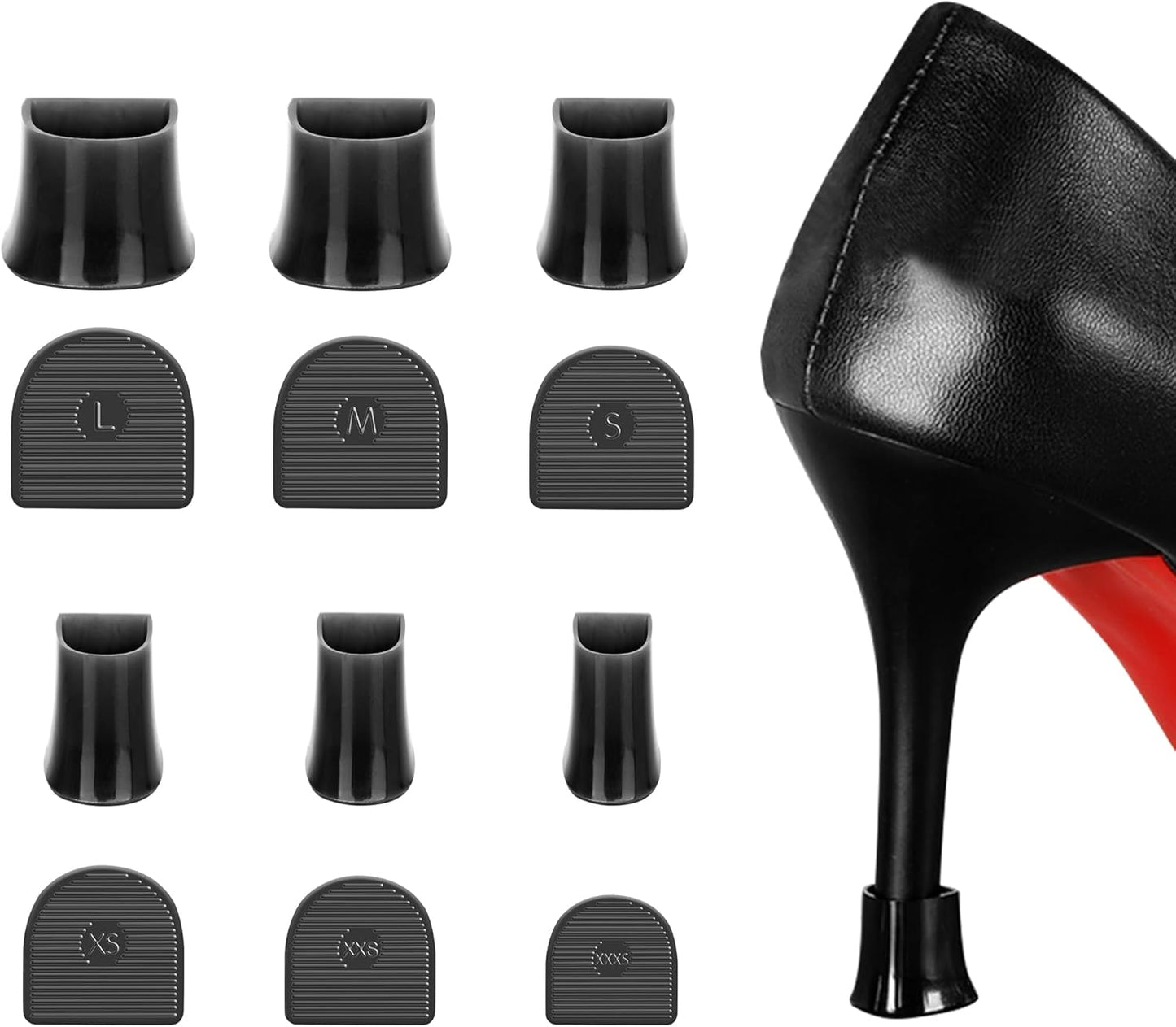 6Pairs Heel Cap Protectors,6Sizes Stoppers Heels Repair Caps, Anti-Noise Covers for High Outdoor Black 6 Sizes(2X-Small, XX, XS, S, M, L)