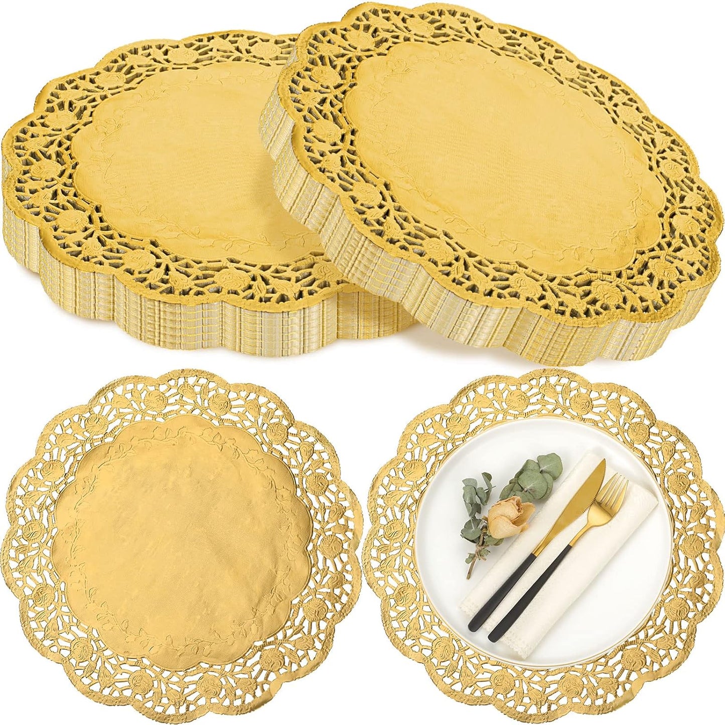 200 Pcs Doilies Lace Paper 14 Inches Disposable Foil Placemats Large Round Pad for Cakes Crafts Wedding Birthday Party Decoration(Gold) Gold -