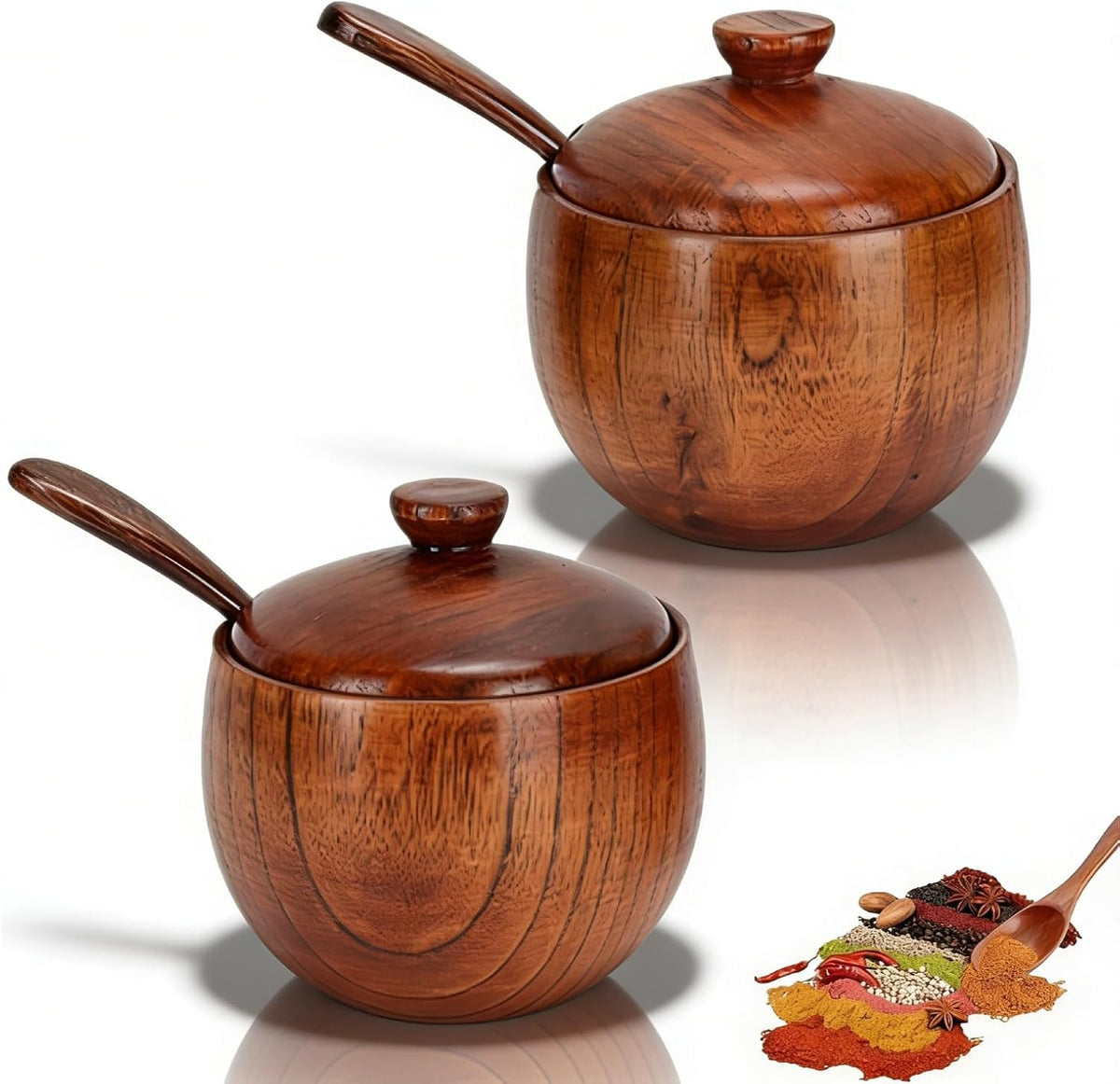 2 Pack Sugar Bowl with Lid and Spoon, Coffee Container Set Wooden Condiment Pot Decorative Storage Seasoning for Bar Table, Kitchen, Countertop 